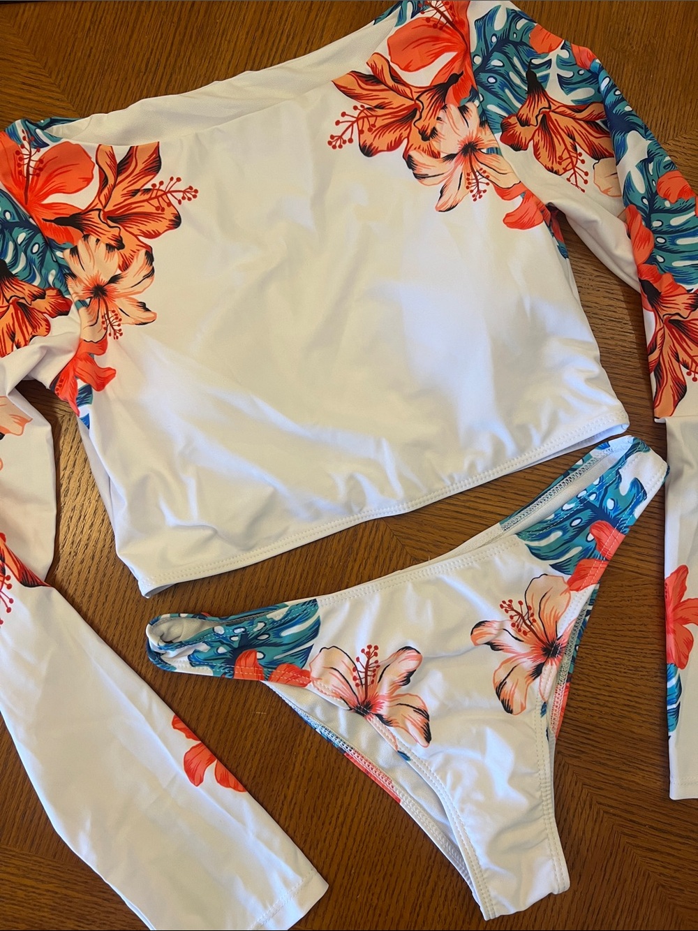 White Floral Long Sleeve Bikini Set with Orange Hibiscus see notes B22